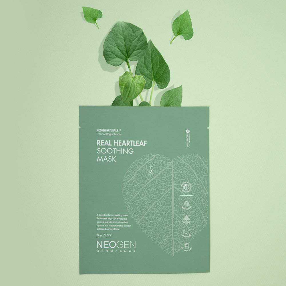 NEOGEN Real Heartleaf Soothing Mask 5 Packs with heartleaf design on green packaging