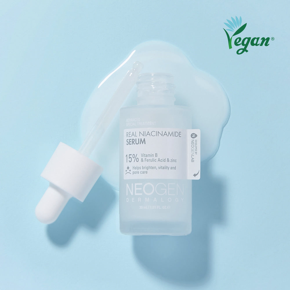 NEOGEN Real Niacinamide 15% Serum 30ml bottle with dropper on blue background.