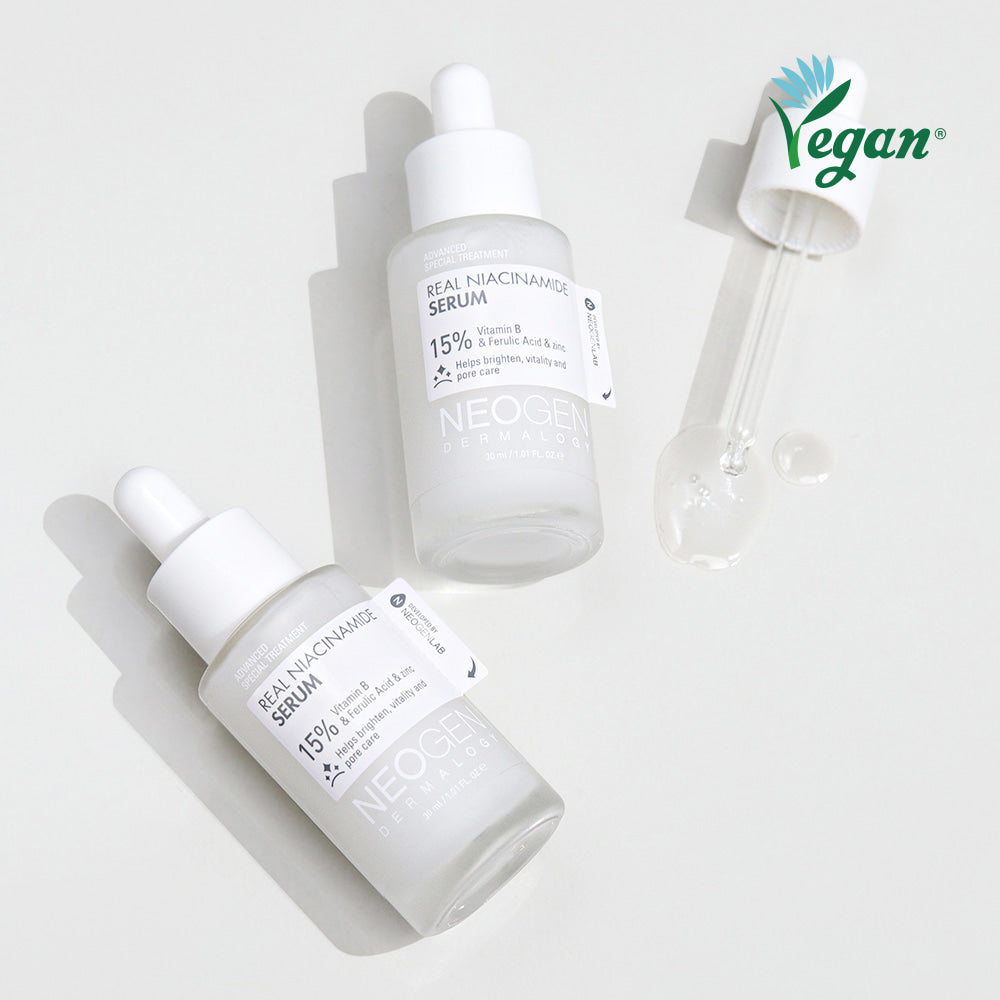 NEOGEN Real Niacinamide 15% Serum 30ml vegan skincare bottles with dropper on white background