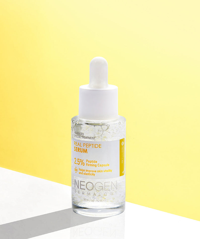 NEOGEN Real Peptide Serum 30ml, anti-aging skincare serum with peptides, on a bright yellow and white background