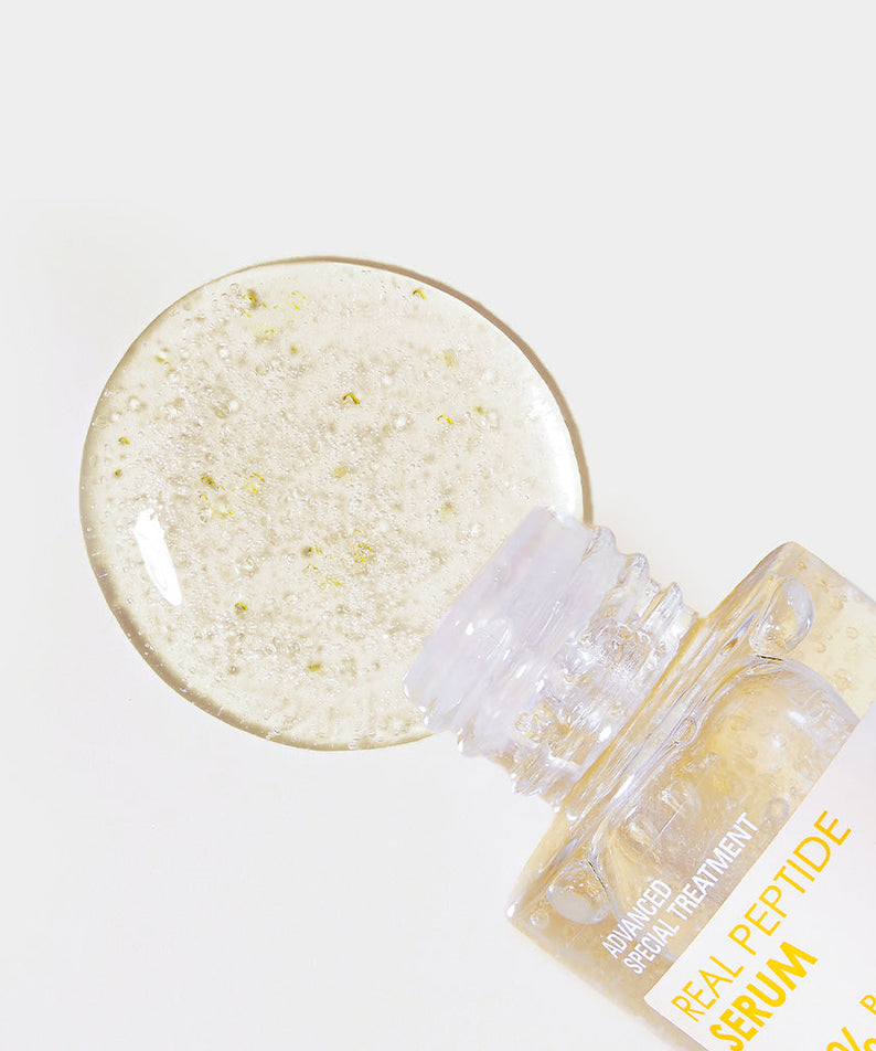 NEOGEN Real Peptide Serum 30ml bottle with serum swatch, showcasing the product's texture and highlighting its advanced treatment formula.