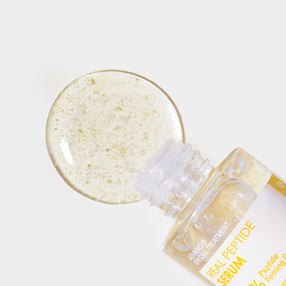 NEOGEN Real Peptide Serum 30ml bottle with serum swatch, showcasing the product's texture and highlighting its advanced treatment formula.