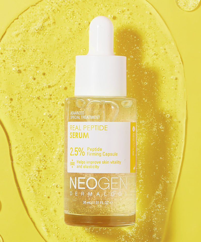 NEOGEN Real Peptide Serum 30ml bottle on yellow background showing texture and key ingredients.