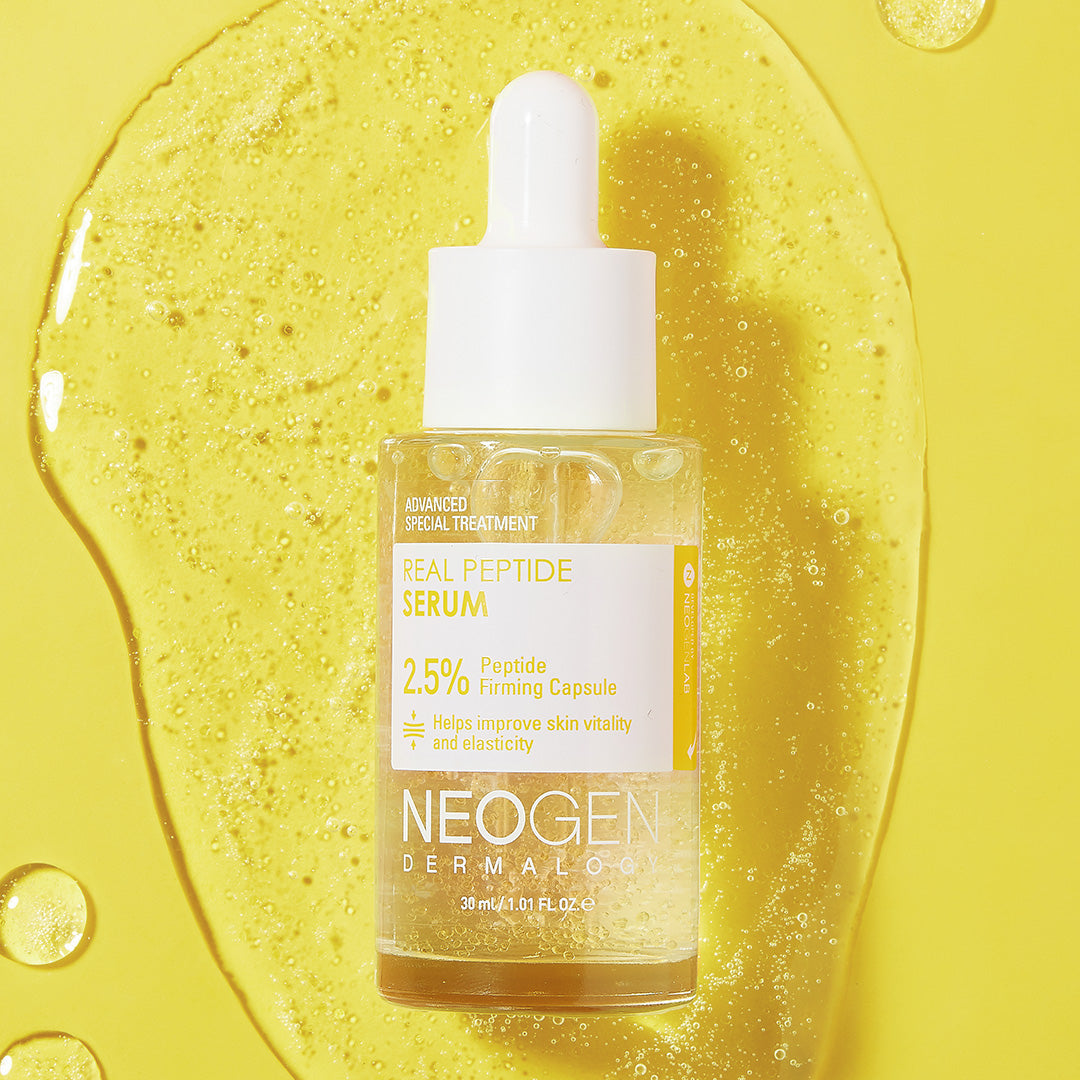 NEOGEN Real Peptide Serum 30ml bottle on yellow background showing texture and key ingredients.