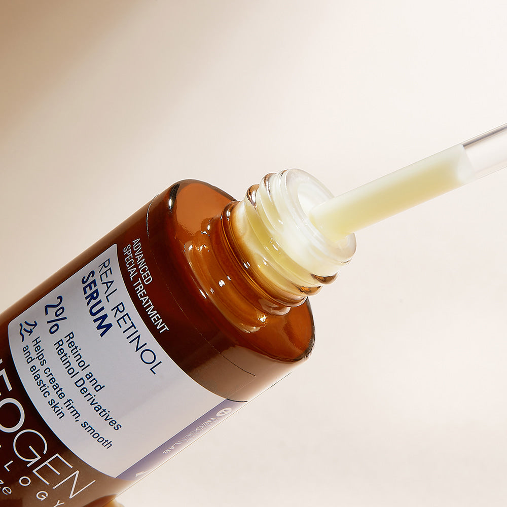 Close-up of NEOGEN Real Retinol Serum 30ml with dropper, showcasing skincare serum texture and packaging design.
