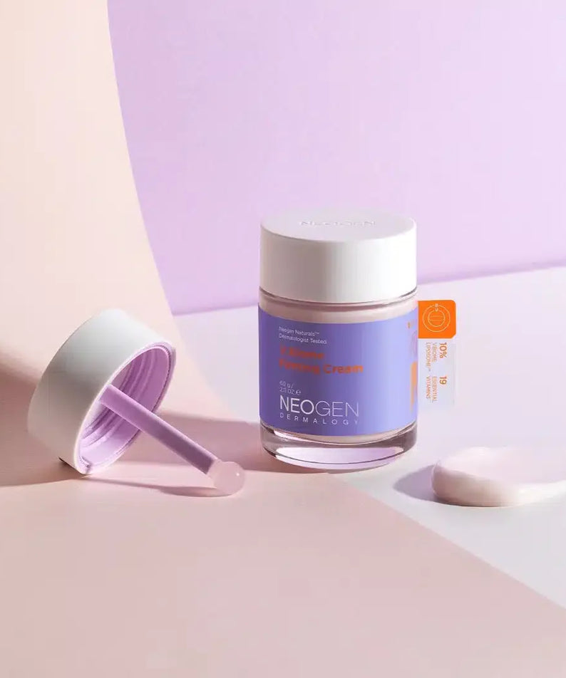 NEOGEN V Biome Firming Cream 60g jar and cream texture on purple background