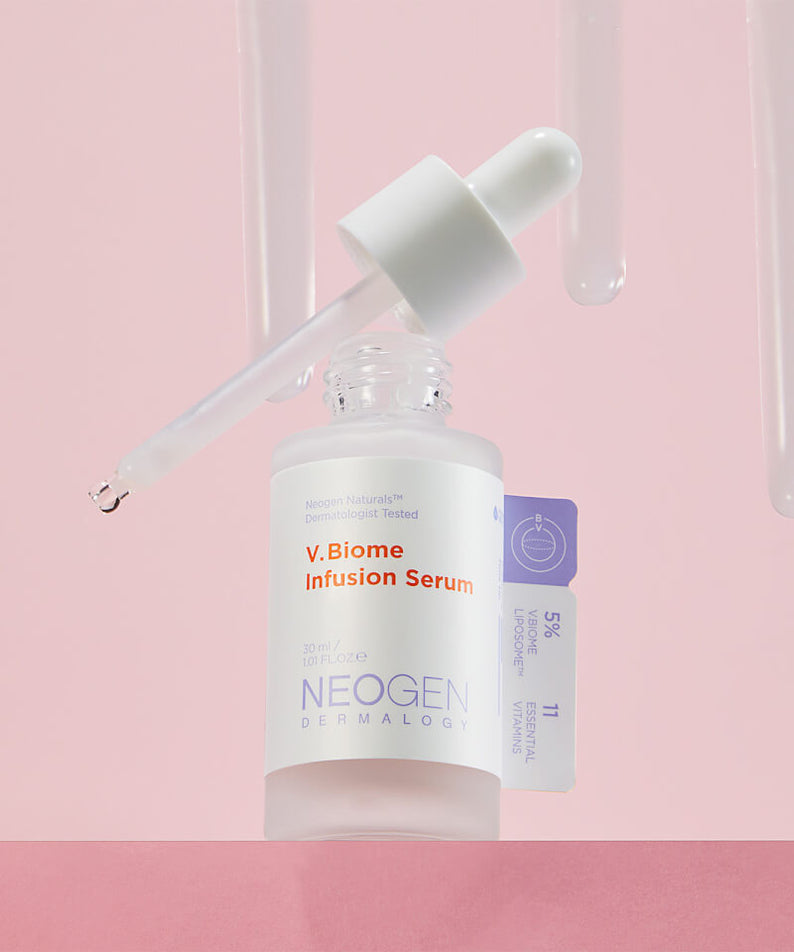 NEOGEN V Biome Infusion Serum 30ml bottle with dropper against pink background