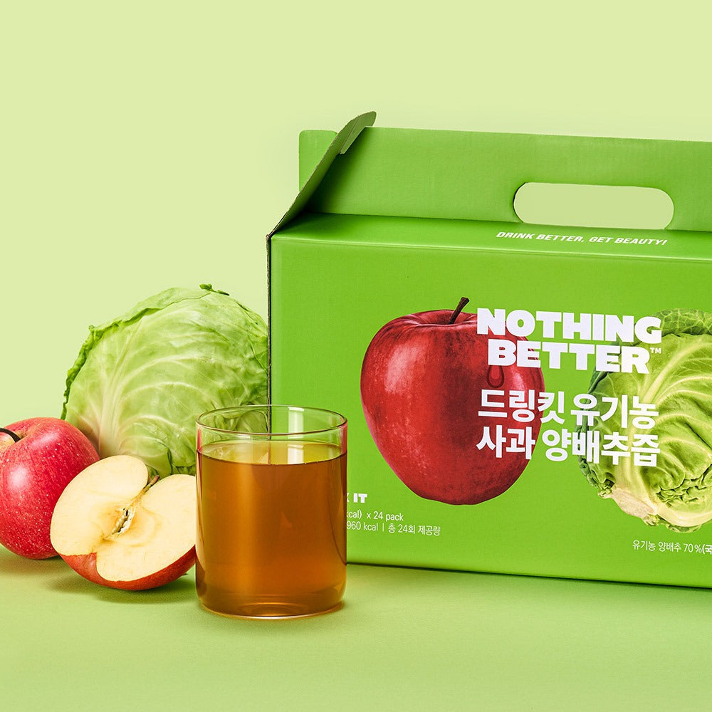 NOTHING BETTER Drinkit Organic Applr Cabbage Juice 100ml 24 Packets with apples and cabbage, featuring green packaging.