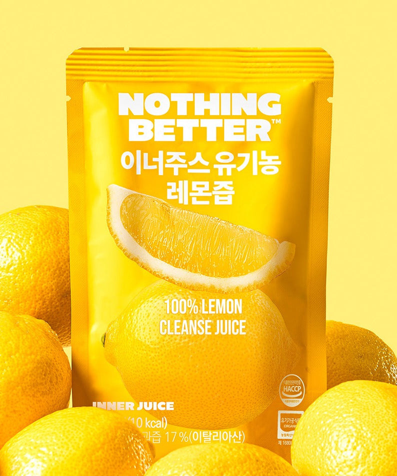NOTHING BETTER Inner Juice 100% Lemon Cleanse Juice 100ml (X24) package with fresh lemons on a vibrant yellow background