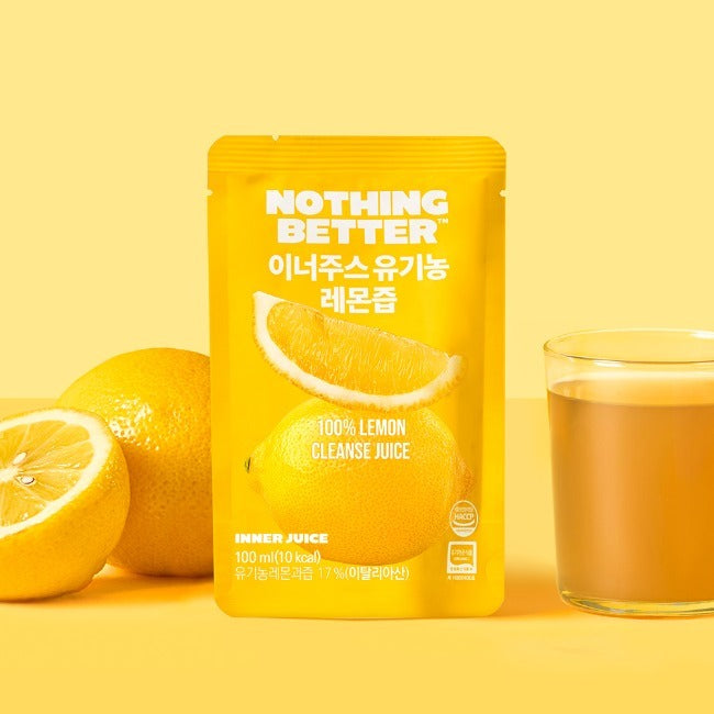 NOTHING BETTER Inner Juice 100% Lemon Cleanse Juice 100ml (X24) in pouch with lemons and glass of juice