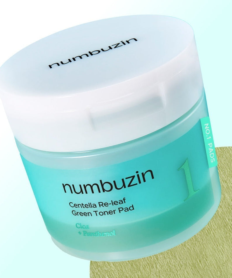 Image of NUMBUZIN No.1 Centella Re-leaf Green Toner Pad 70 Sheets in a clear jar with green label.