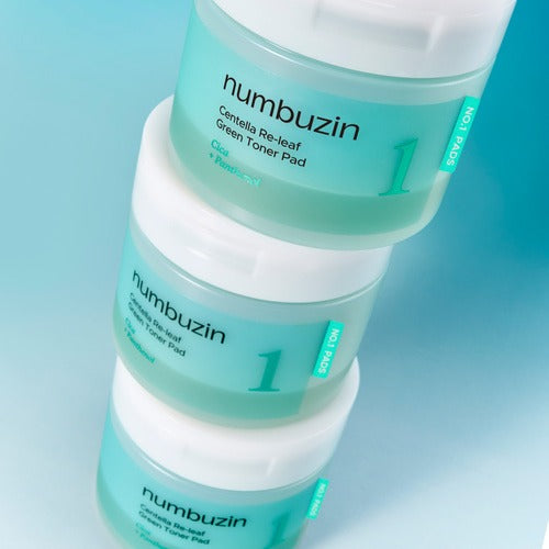 Stack of NUMBUZIN No.1 Centella Re-leaf Green Toner Pad 70 Sheets jars