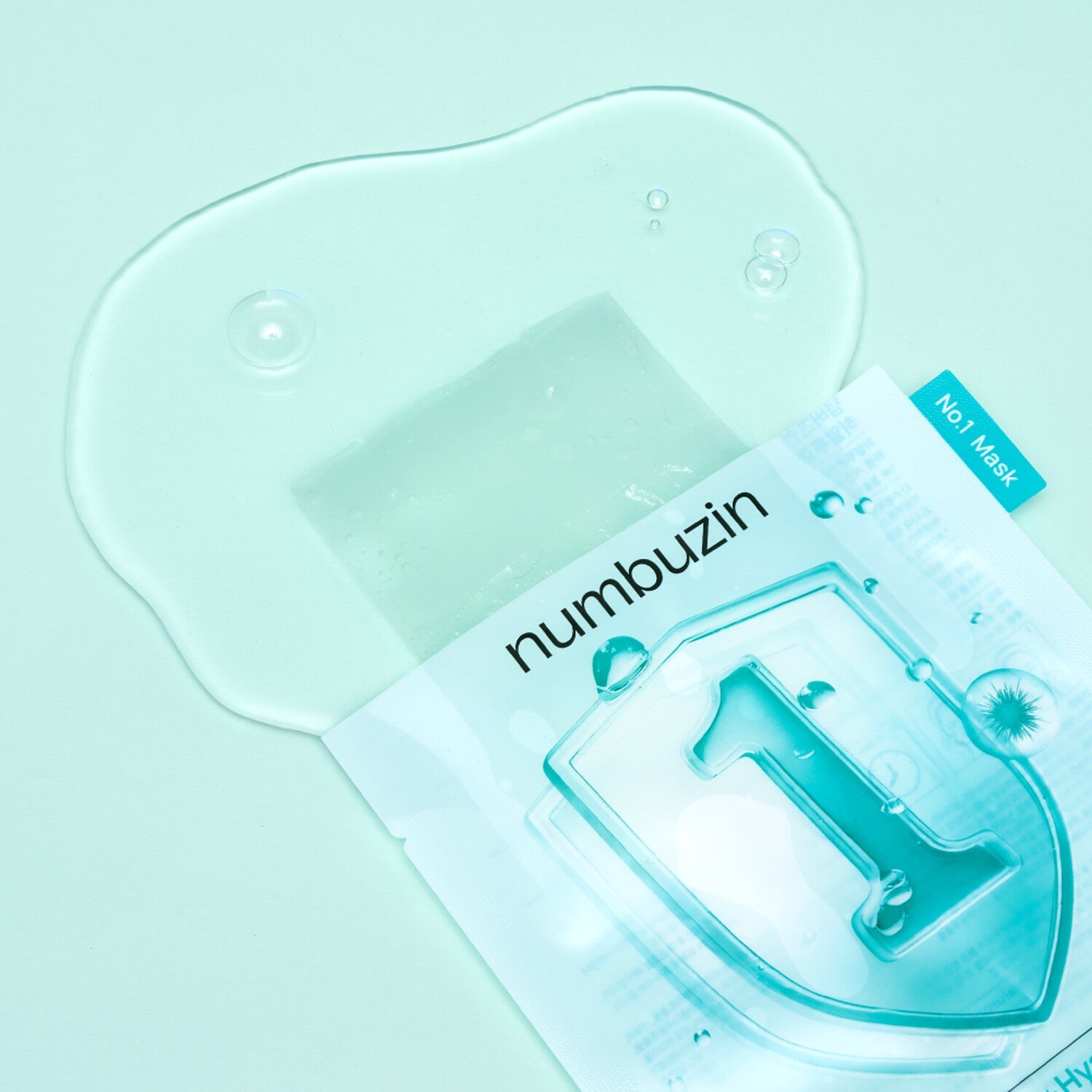 Pack of NUMBUZIN No.1 Hyaluronic Panthenic Acid Clear Soothing Gauze 10 sheets displayed with clear, soothing gel background.