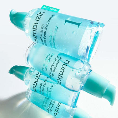 NUMBUZIN No.1 Pantothenic Acid Active Up Soothing Serum 50ml bottles stacked with blue liquid and pump dispenser, skincare product