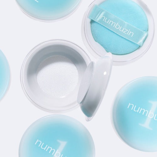 Top view of NUMBUZIN No.1 Pantothenic Acid Skincare 100 Blur Powder 7g containers with puff applicators showcasing product packaging.