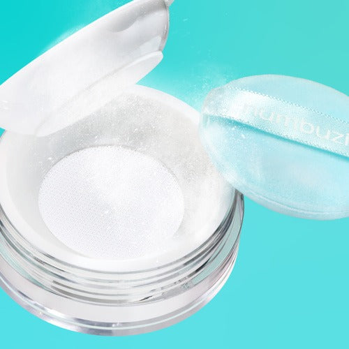 Open container of NUMBUZIN No.1 Pantothenic Acid Skincare 100 Blur Powder 7g with powder puff, on a teal background