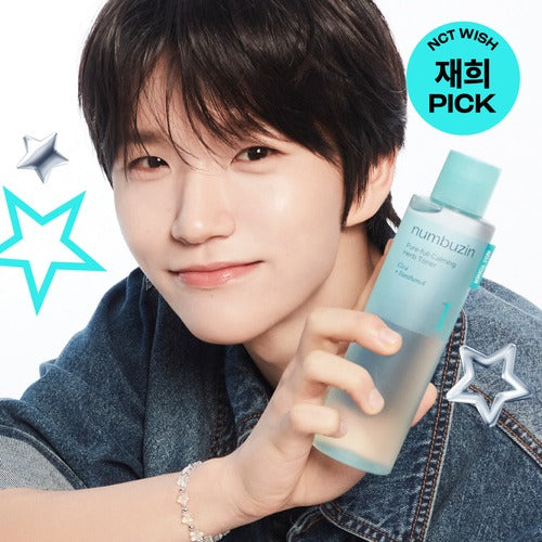 Person holding NUMBUZIN No.1 True Clear Toner 300ml with stars in the background.