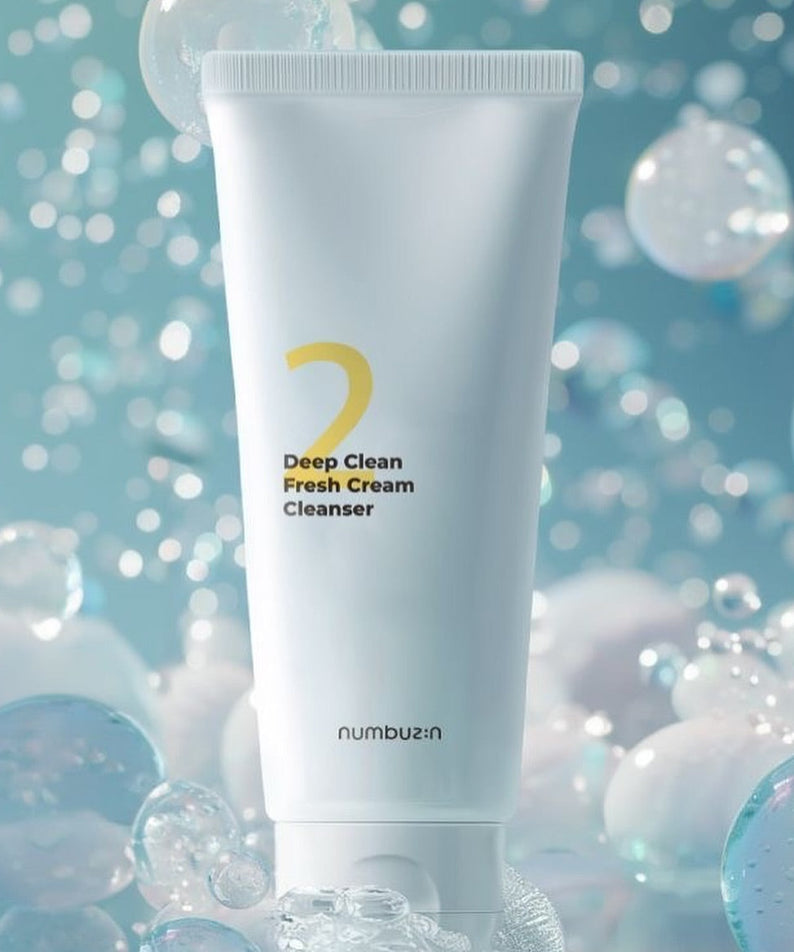 Image of NUMBUZIN No.2 Deep Clean Cream Cleansing Foam 120ml with fresh bubbles background.