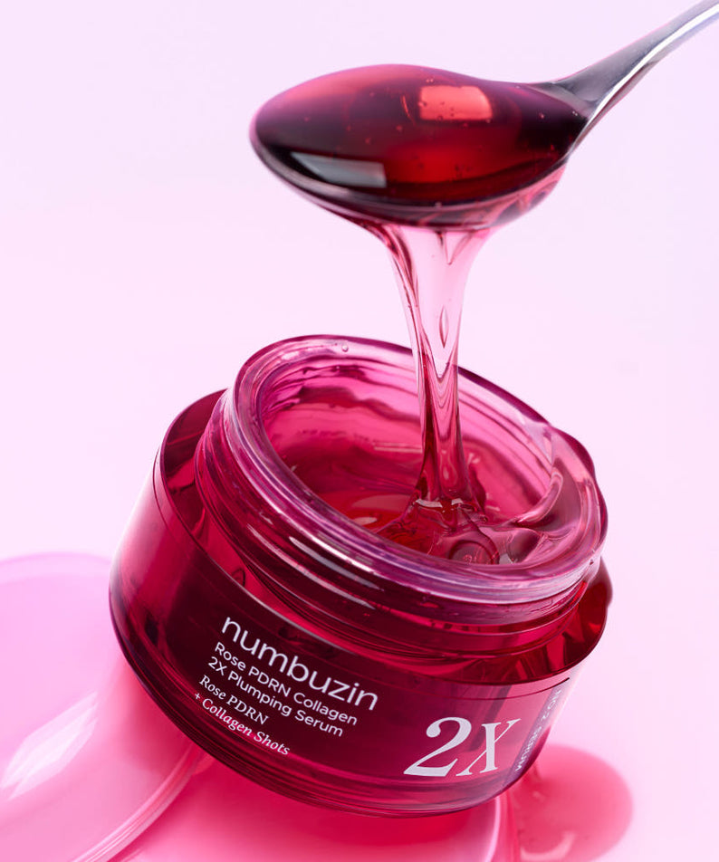 NUMBUZIN No.2 Rose PDRN Collagen 2X Plumping Serum 30ml with a spoon scooping serum from a jar, highlighting its texture and color.