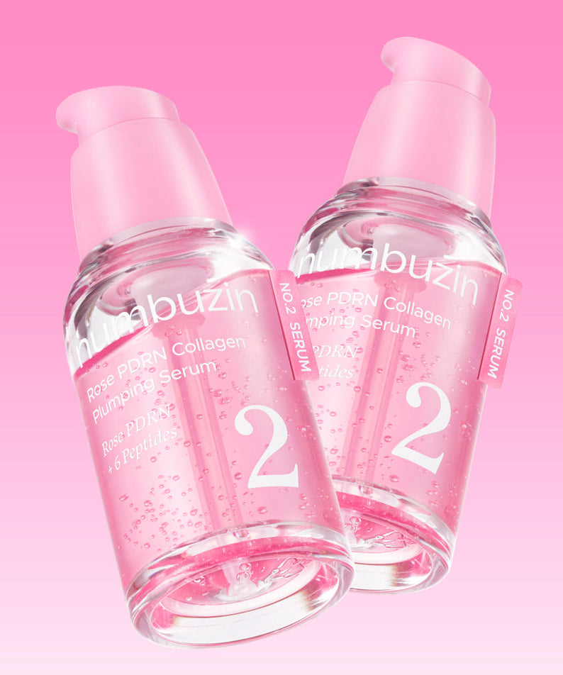 NUMBUZIN No.2 Rose PDRN Collagen Plumping Serum 30ml bottles on a pink background
