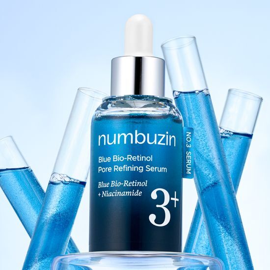 NUMBUZIN No.3 Blue Bio Retinol Pore Ampoule 30ml in blue serum bottles with dropper highlighting pore refining properties.