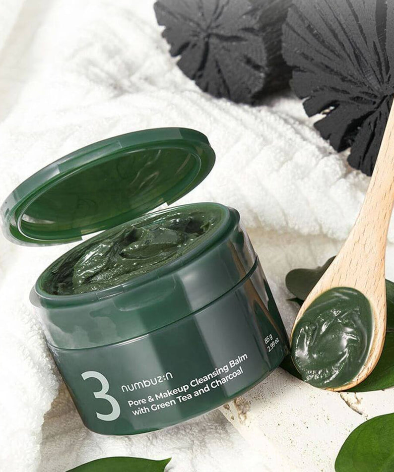NUMBUZIN No.3 Green Tea Charcoal Pore Pack Cleansing Balm with open container and wooden spoon
