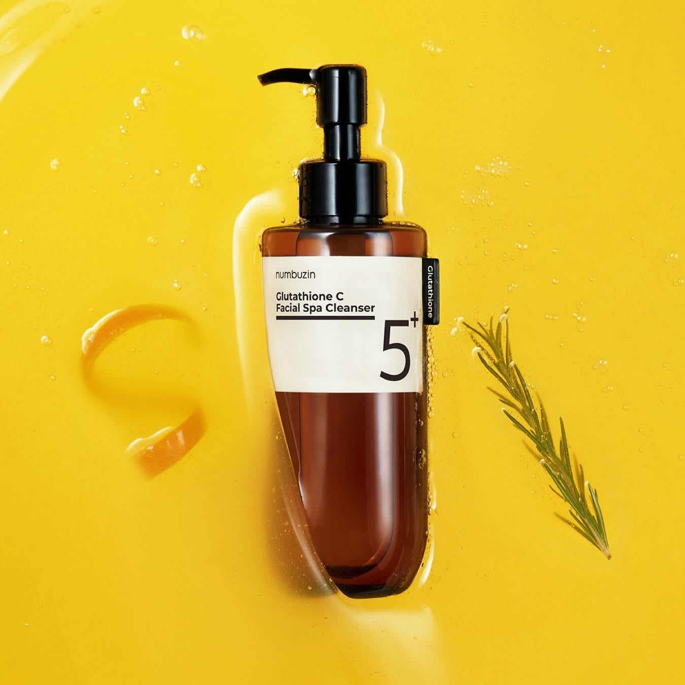 NUMBUZIN No.5 Glutathione C Aroma Massage Deep Cleanser 200ml with vibrant yellow backdrop and rosemary sprig
