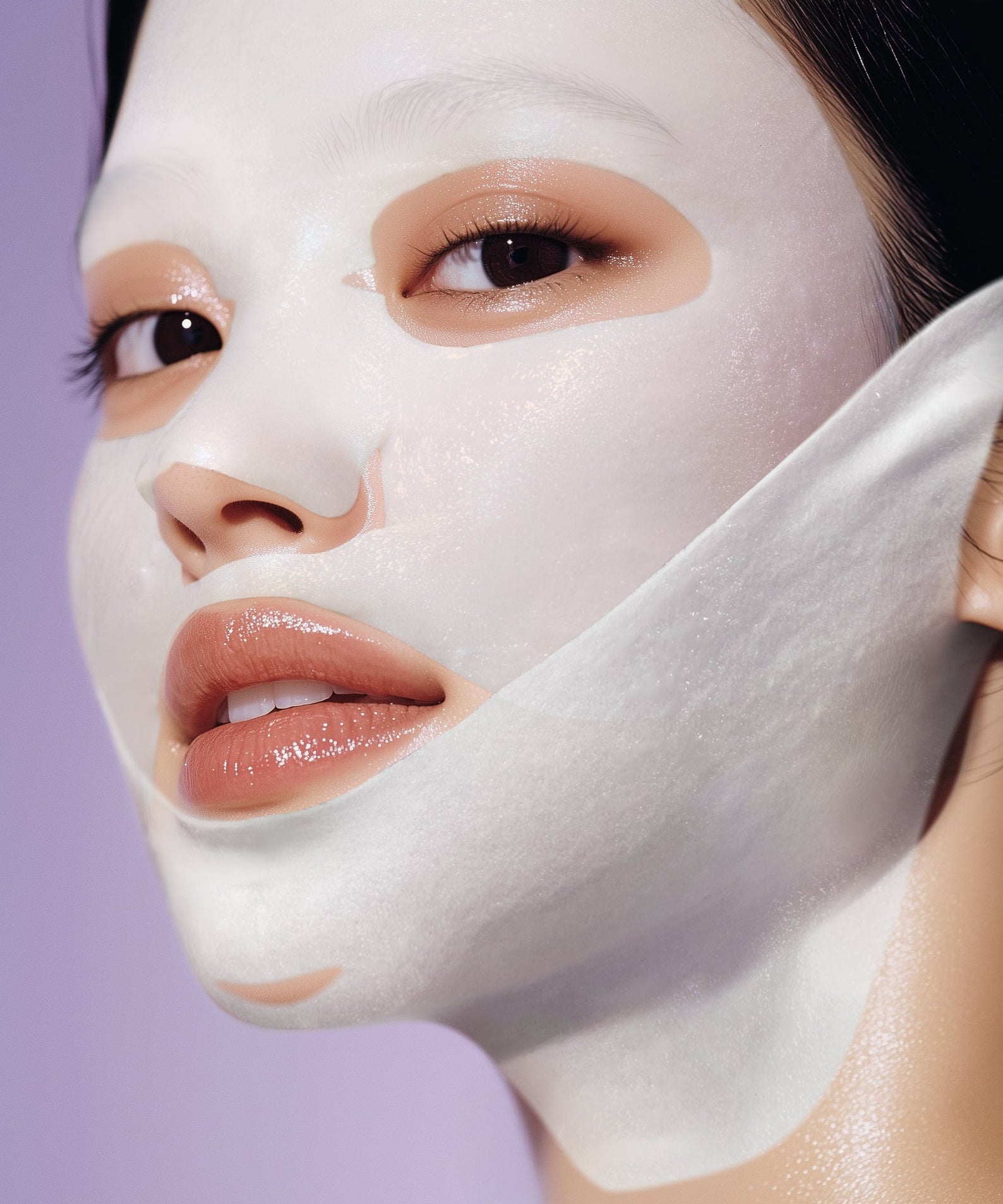 Close-up of a person using NUMBUZIN No.9 NMN Bio Lifting Full Face Pack 4 sheets on their face, showcasing skincare benefits.