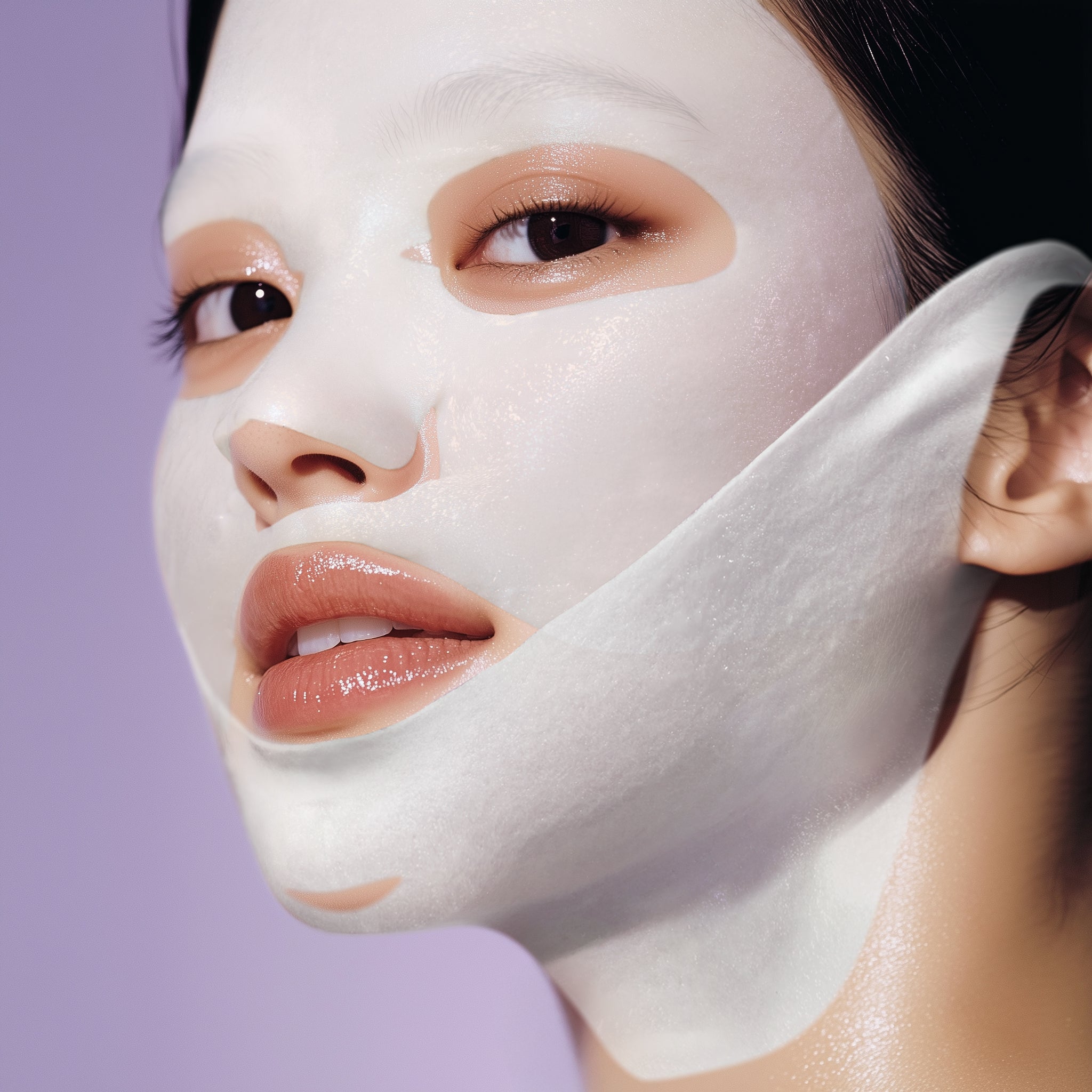Close-up of a person using NUMBUZIN No.9 NMN Bio Lifting Full Face Pack 4 sheets on their face, showcasing skincare benefits.