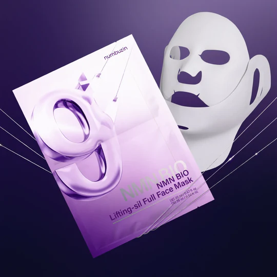 NUMBUZIN No.9 NMN Bio Lifting Full Face Pack 4 sheets packaging and mask displayed on a purple background.