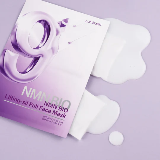 Close-up of NUMBUZIN No.9 NMN Bio Lifting Full Face Pack displaying packaging and sheet mask on a purple background.