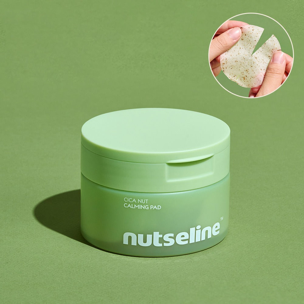 Photo of NUTSELINE Cica Calming Pad, a soothing skincare product in a green jar with a close-up of the pad's texture in use.