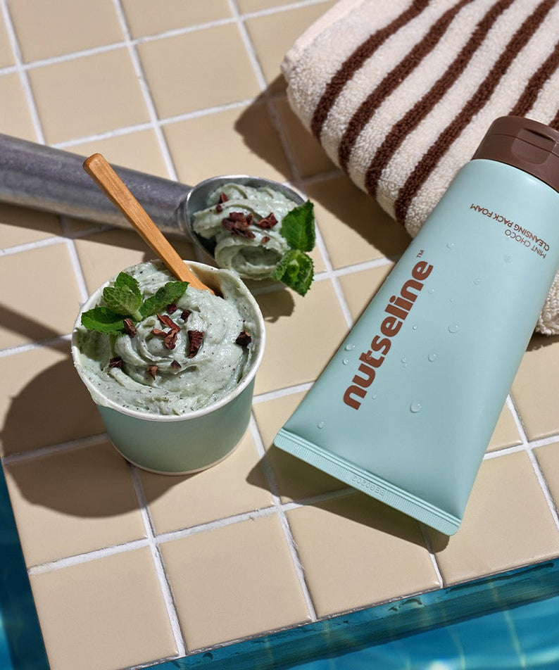 NUTSELINE Mint Chocolate Cleansing Pack Foam 130g beside mint ice cream, conveying freshness and luxury.
