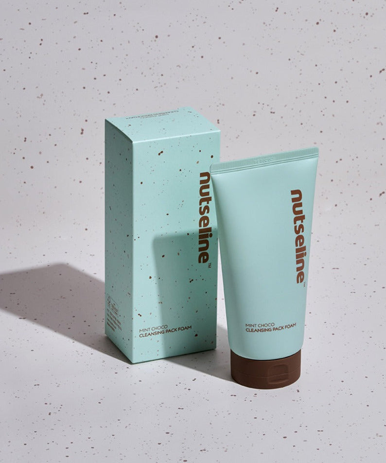 NUTSELINE Mint Chocolate Cleansing Pack Foam 130g in mint packaging on a speckled surface.