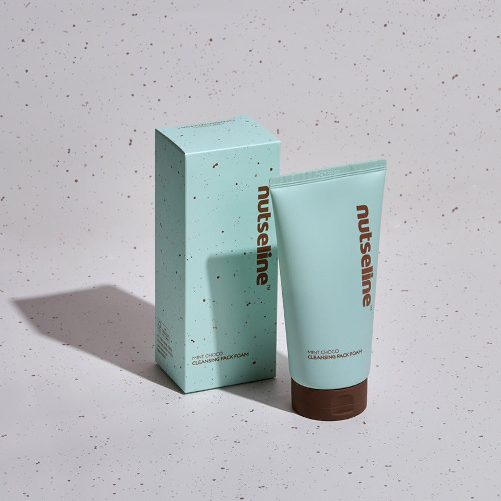 NUTSELINE Mint Chocolate Cleansing Pack Foam 130g in mint packaging on a speckled surface.