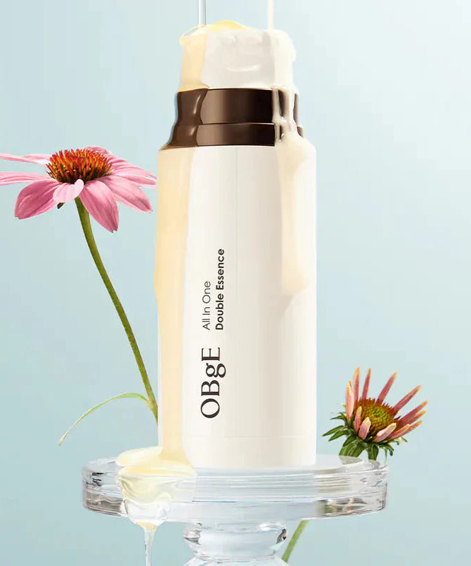 OBGE All-in-one double essence 100ml bottle with cream pouring, Korean men’s skincare by Gentleman Korea, natural flower ingredients