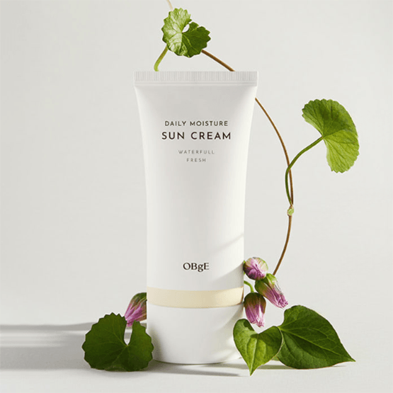 OBGE Daily Moisture Sunscreen 50ml tube with minimalist white packaging and green botanical accents for Gentleman Korea