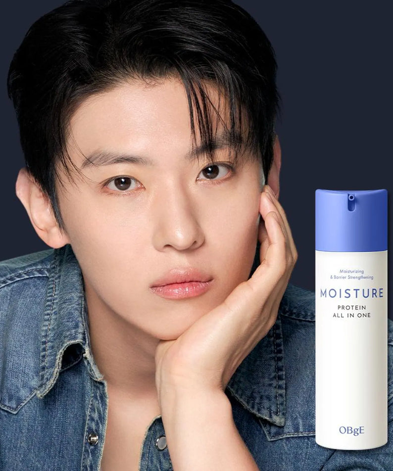 OBGE Moisture Protein All-in-One 150ml product with male model, Gentleman Korea Korean skincare for men, sleek bottle and clear hydrated skin