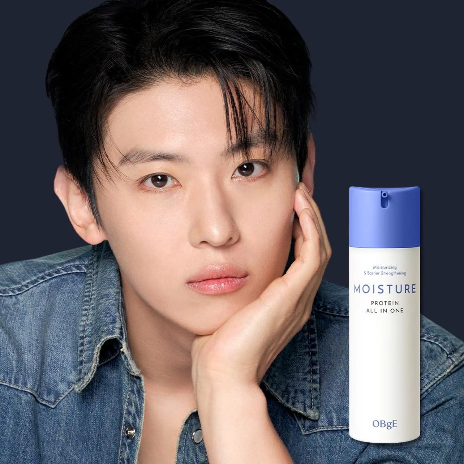 OBGE Moisture Protein All-in-One 150ml product with male model, Gentleman Korea Korean skincare for men, sleek bottle and clear hydrated skin