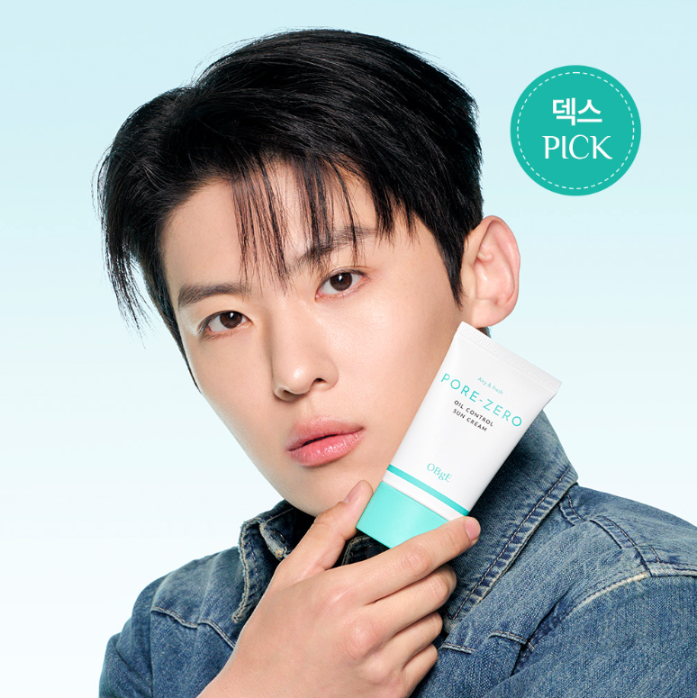 OBGE Pore Zero Oil Control Sunscreen 50ml held by male model, Gentleman Korea skincare for men, oil-control SPF sunscreen product image