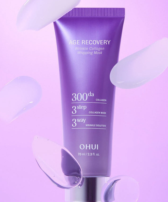 OHUI Age Recovery Collagen Wrapping Mask 70ml with purple design and floating petals on a purple background