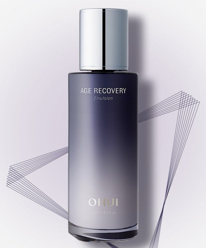 OHUI Age Recovery Emulsion 140 ml bottle with silver cap on gradient background