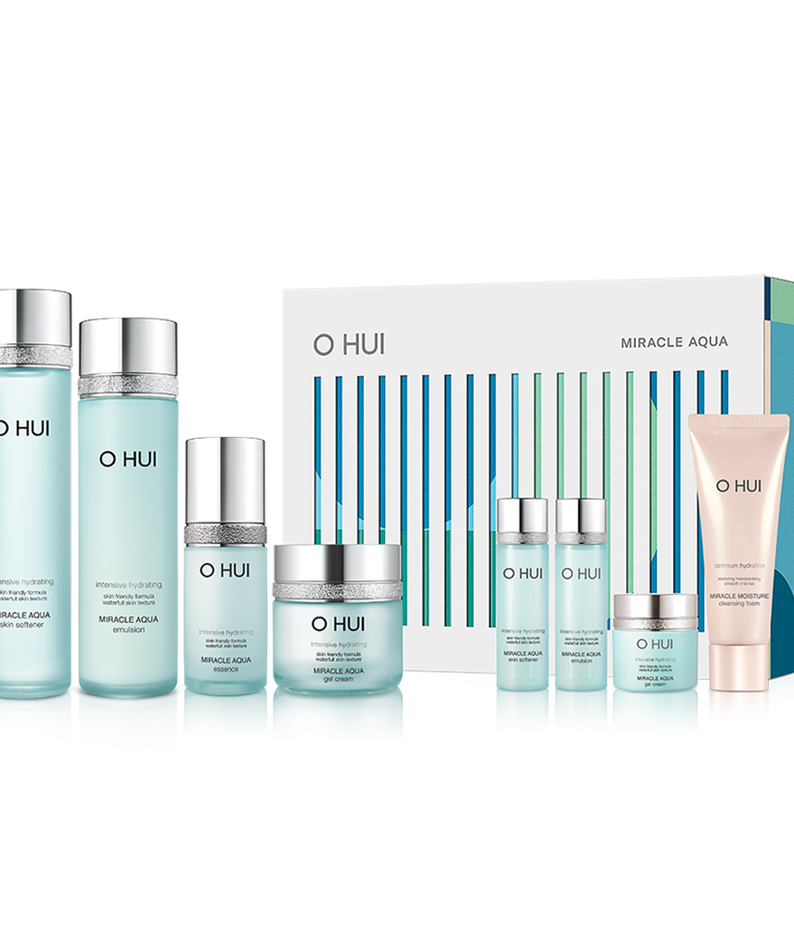 OHUI Miracle Aqua Set (Skin Softener, Emulsion, Essence, Gel Cream, Hyaluronic Water Patch) | Kool Seoul