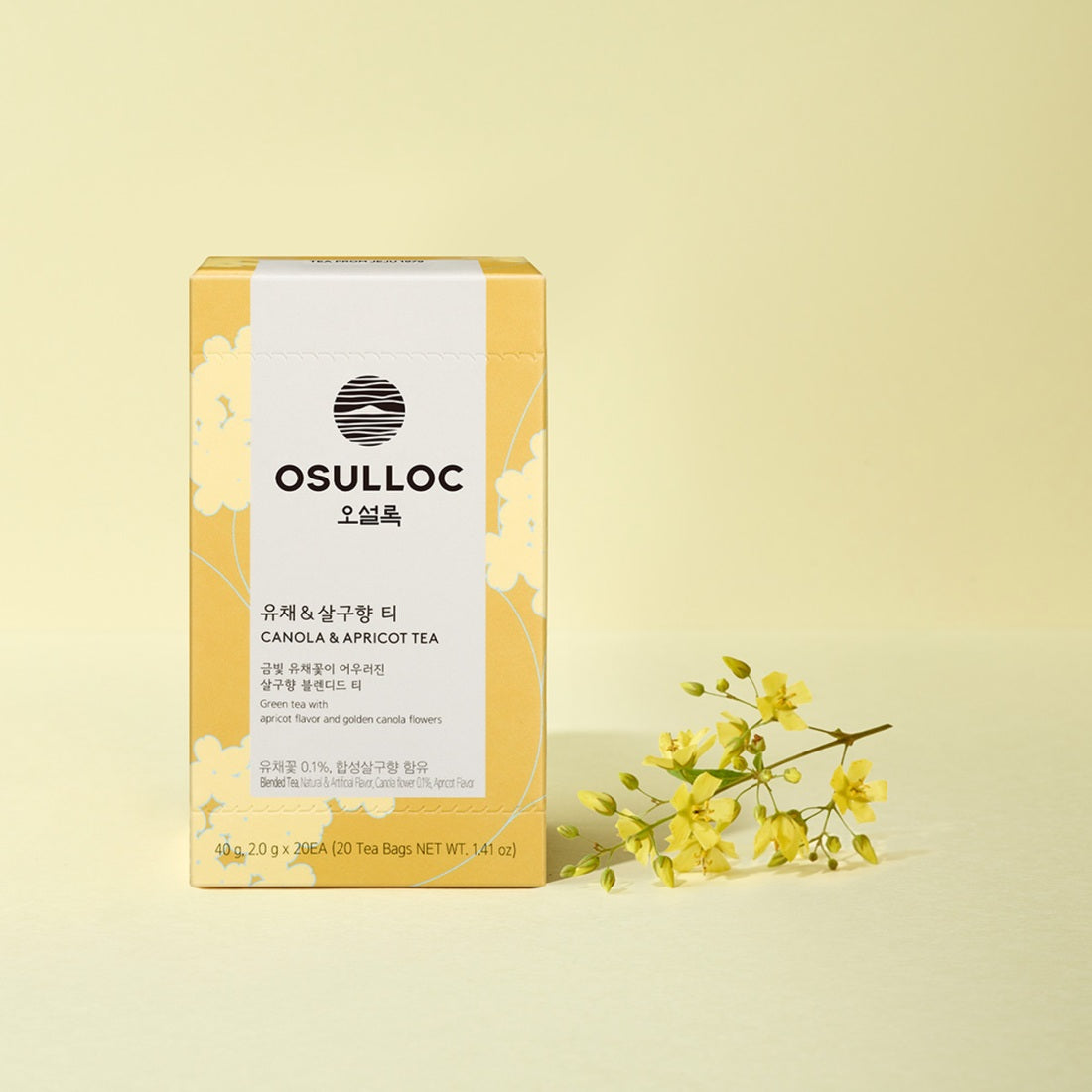 Packaging of OSULLOC Canola & Apricot Tea 20 P with canola flowers on a light background.