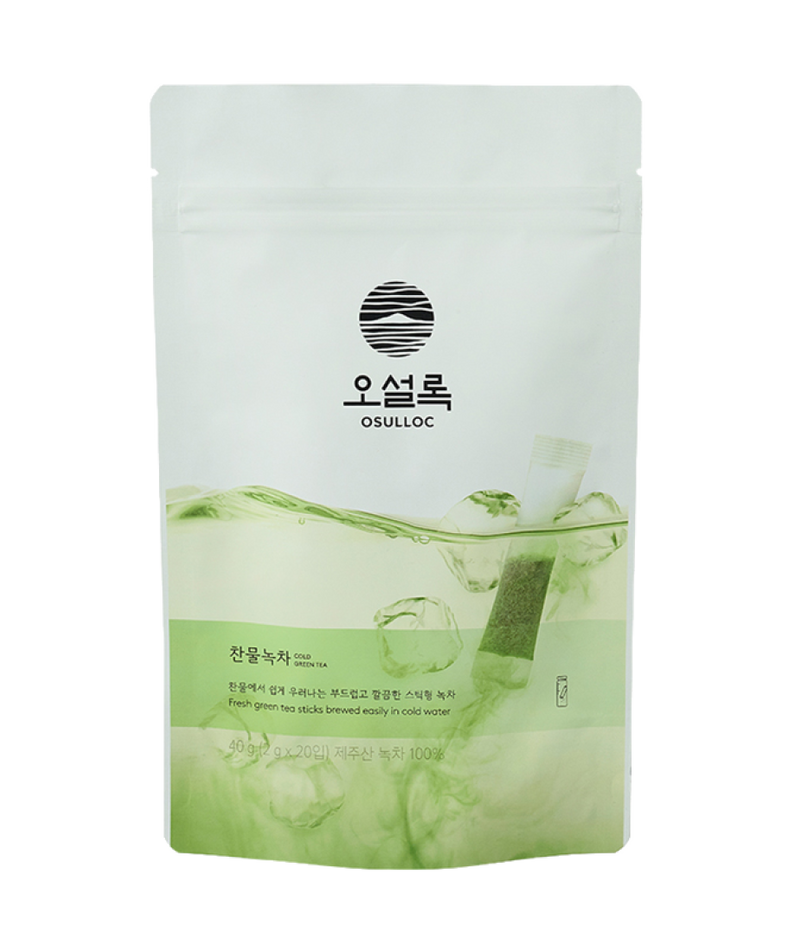 OSULLOC Cold green tea 20 P packaging with green tea leaves illustration