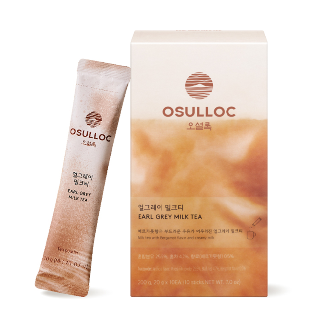 OSULLOC Earl Grey Milk Tea 10 p. packaging and stick pack, premium tea with a blend of milk and Earl Grey flavor.