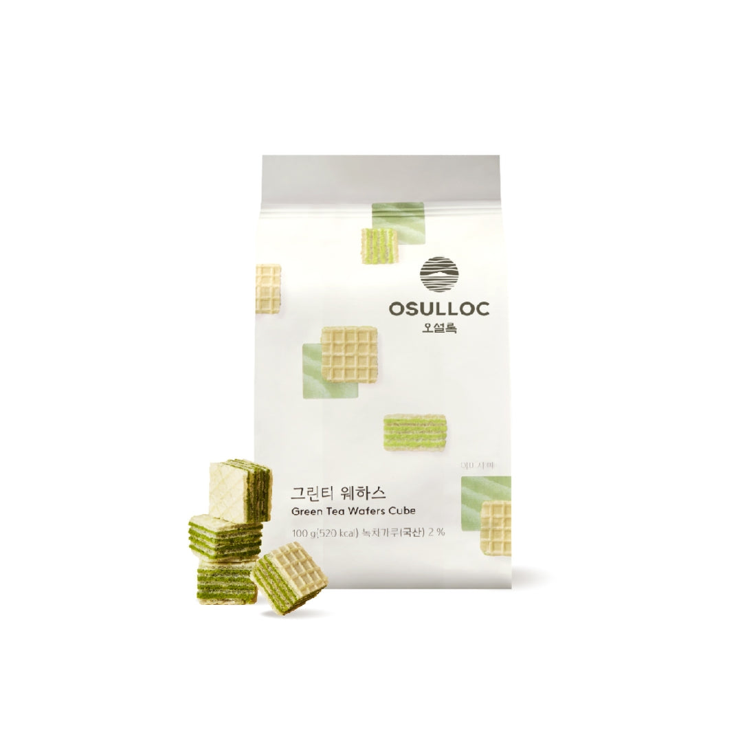 OSULLOC Green Tea Wafers 100g package with green tea flavored wafer cubes
