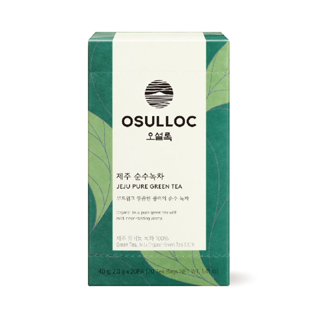 OSULLOC Jeju Pure Green Tea 20 P package front view with green leaf design background