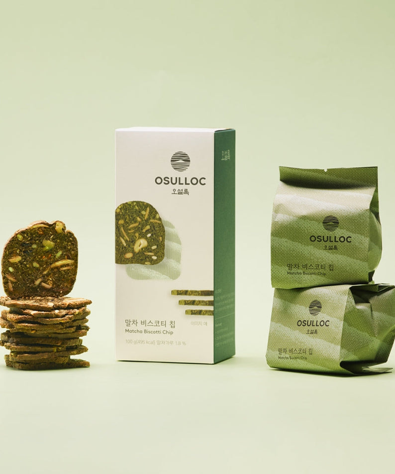 OSULLOC Matcha Biscotti Chips 100g packaging and stacked chips on green background