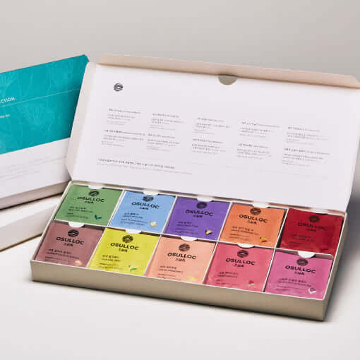 OSULLOC Premium Tea Collection Set 40p open box displaying a variety of colorful tea sachets.